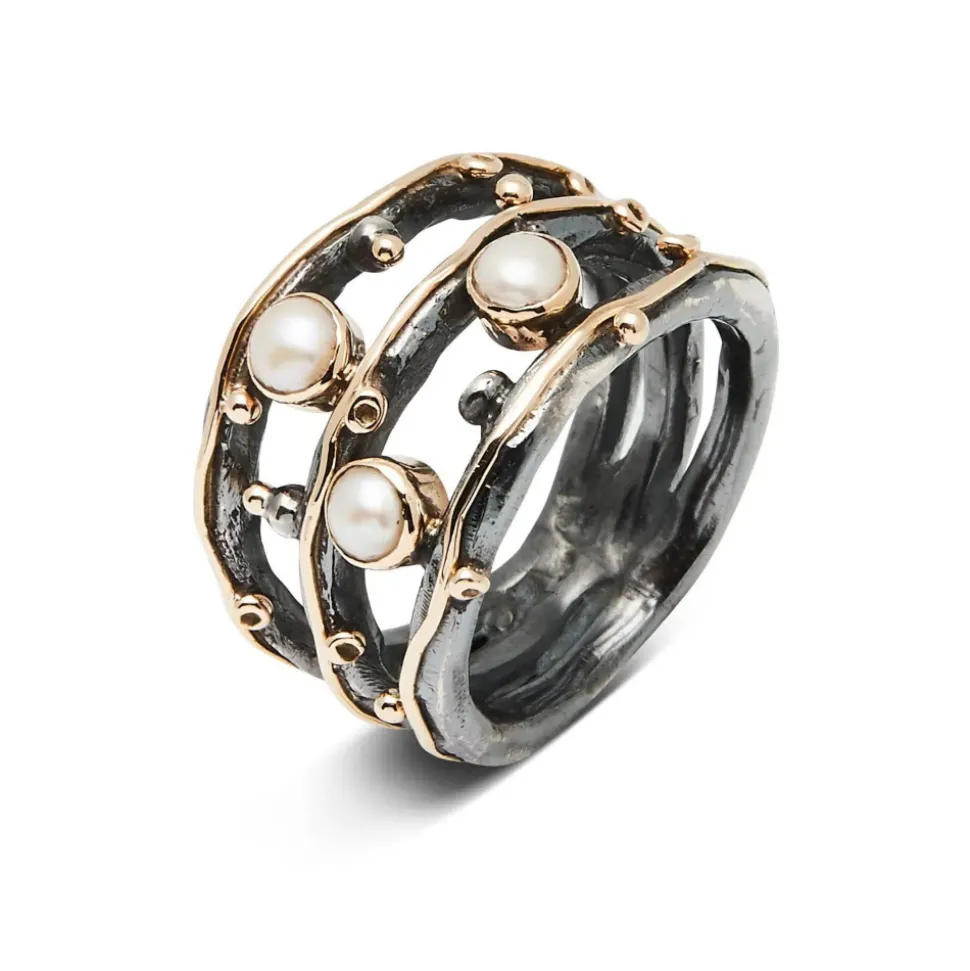 By Birdie – Zeus Tribeca Pearls ring i oksidert sølv med gull og ferskvannsperler