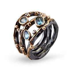 BY BIRDIE-sølv-sort rhodinert-ring-Tribeca Stones Aqua med gullkuler