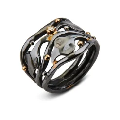 ByBirdie – Buckingham Silver – sort rhodinert sølvring med diamant og gult gull
