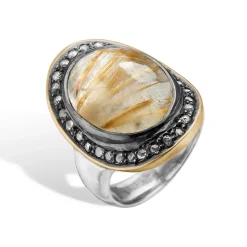ByBirdie – Ring Corso BoHo Rutil kvarts og diamanter – 14k gult gull og 925 sølv