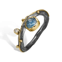 ByBirdie – Ring Louise Aqua Raw – 14k gult gull og 925 sølv med rå aquamarine og diamant
