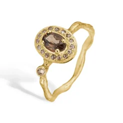 ByBirdie – Zenith Satori ring i gult gull med røykkvarts og diamanter