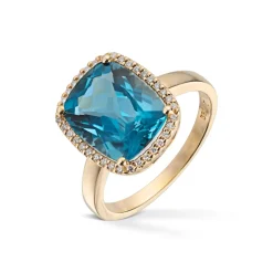 Diamonds by Frisenberg – Ring i gult gull med Londonblå topas og 0,13ct diamanter