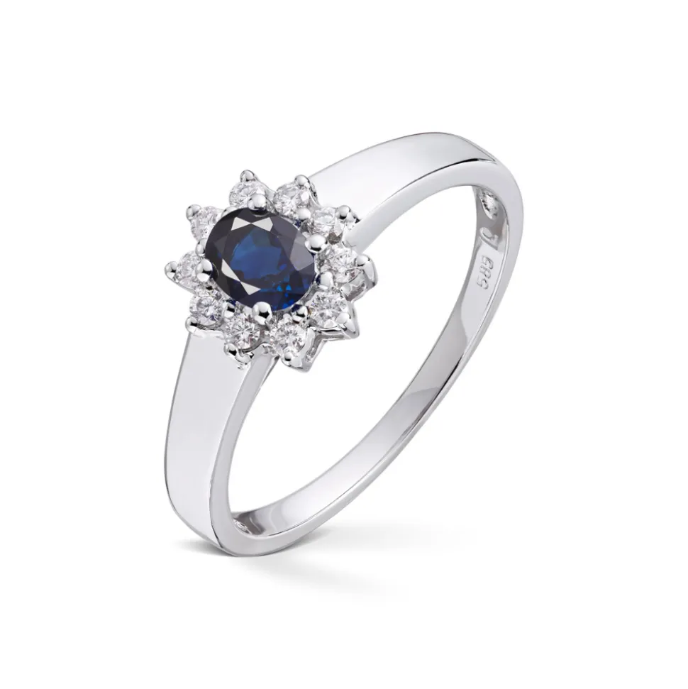 Diamonds by Frisenberg – Ring i hvitt gull – Safir med diamanter rundt – Totalt 0,15 ct