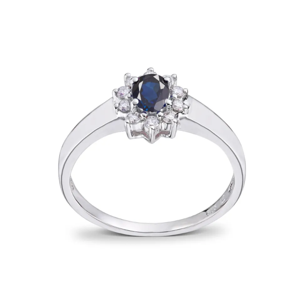 Diamonds by Frisenberg – Ring i hvitt gull – Safir med diamanter rundt – Totalt 0,15 ct