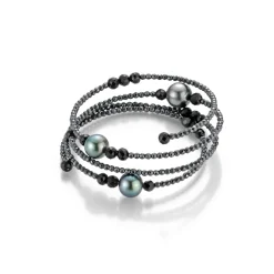 Gellner-stål-armbøyle-med spinell,hematitt og Tahitiperler 8 – 9,5 mm