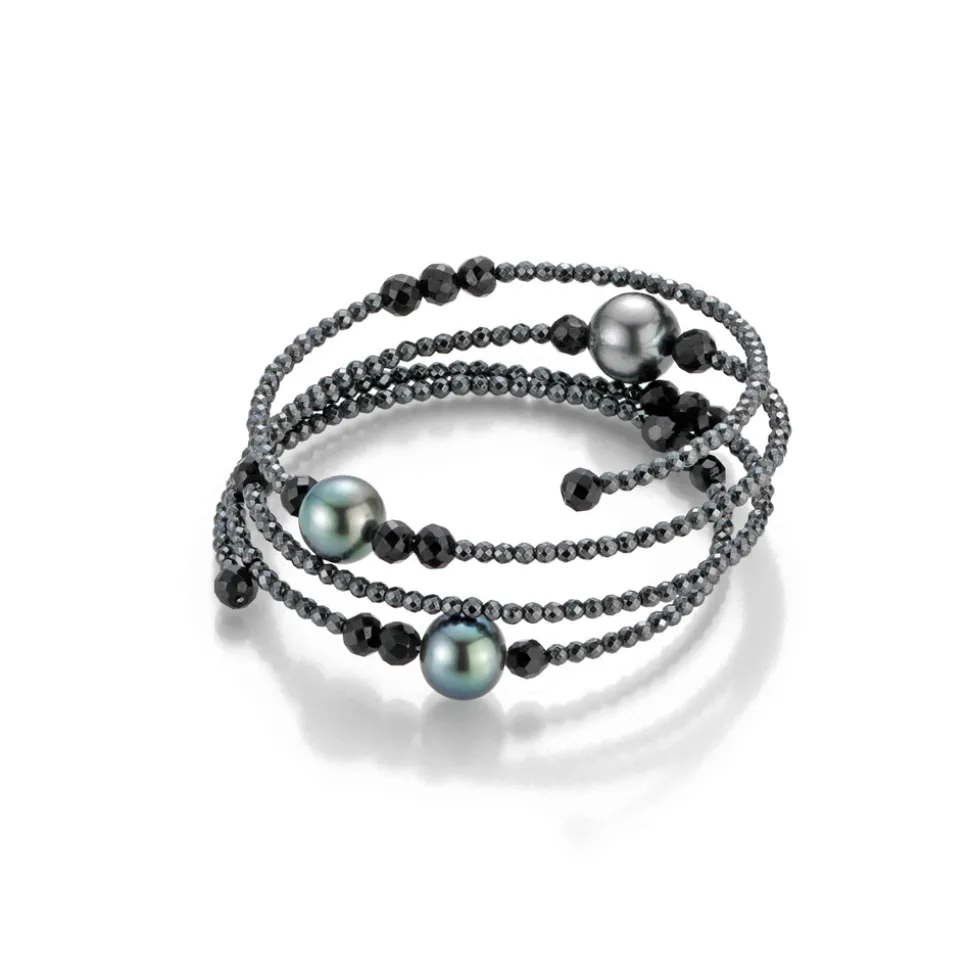Gellner-stål-armbøyle-med spinell,hematitt og Tahitiperler 8 – 9,5 mm