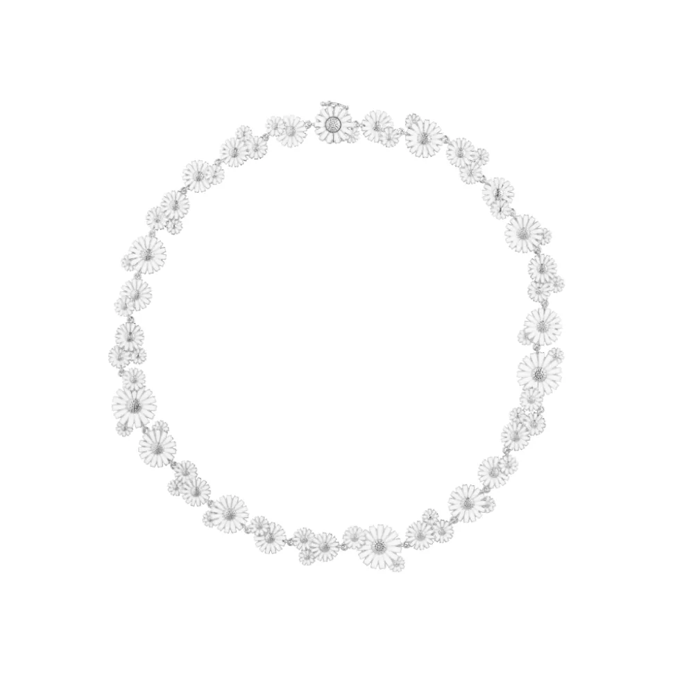 Georg Jensen – Daisy halssmykke i sølv og hvit emalje med lagvise blomster rundt hele