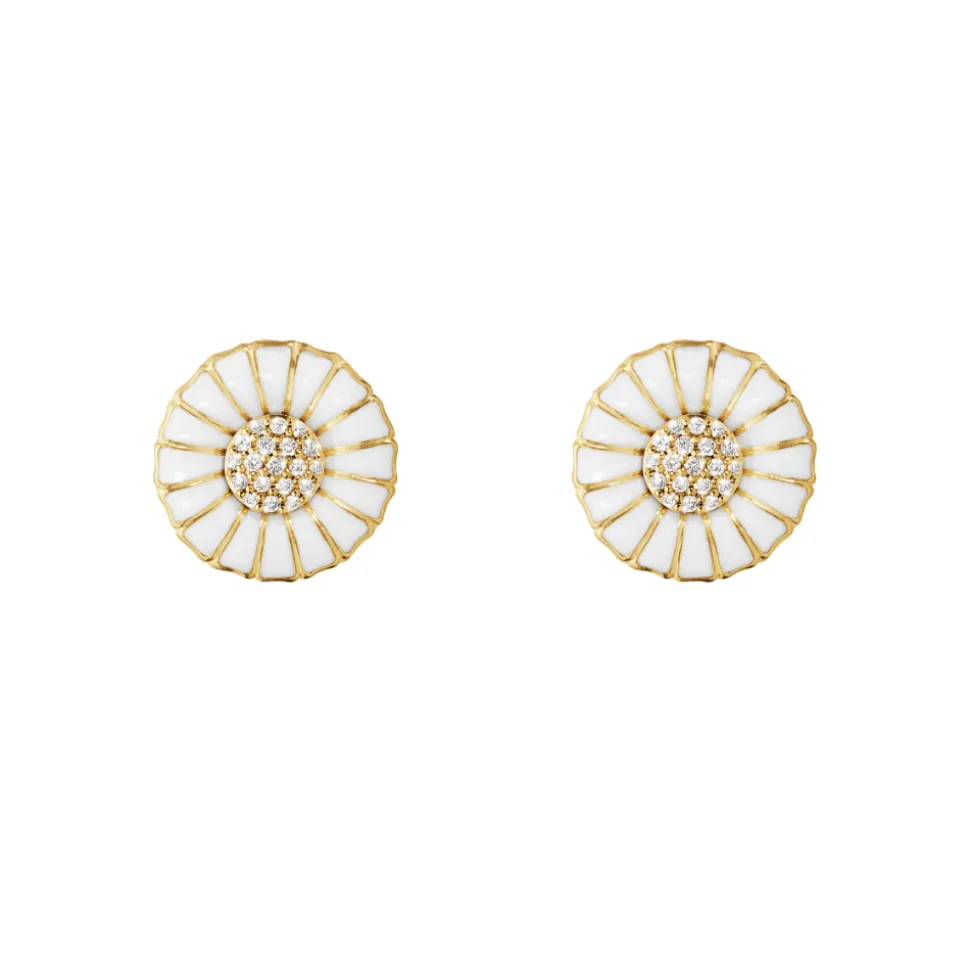 Georg Jensen – Daisy ørepynt i forgylt sølv med hvit emalje og 0,10ct pavè – 11 mm