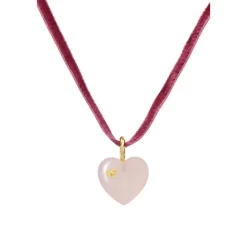 Maanesten – Love Choker med rødt velurbånd og rosa kalsedon