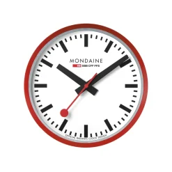 Mondaine Veggklokke – Rød ramme og sorte visere – 25 cm