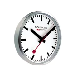 Mondaine Veggklokke – Sølv ramme og sorte visere – 25 cm