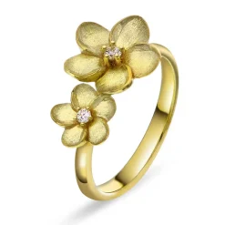 NC Christophersen – Dobbel blomst ring i 14k gult gull med diamant, 0,05ct W/SI