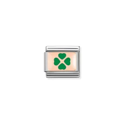 Nomination – Composable Classic PLATES in stainless steel with 9k rose gold and enamel Green Four-Leaf Clover