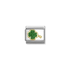 Nomination – Composable Classic GLITTER SYMBOLS in steel, enamel and 18k gold (18_GREEN four-leaf clover)