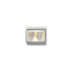 Nomination – Composable Classic GLITTER SYMBOLS in steel, enamel and 18k gold Double SILVER hearts