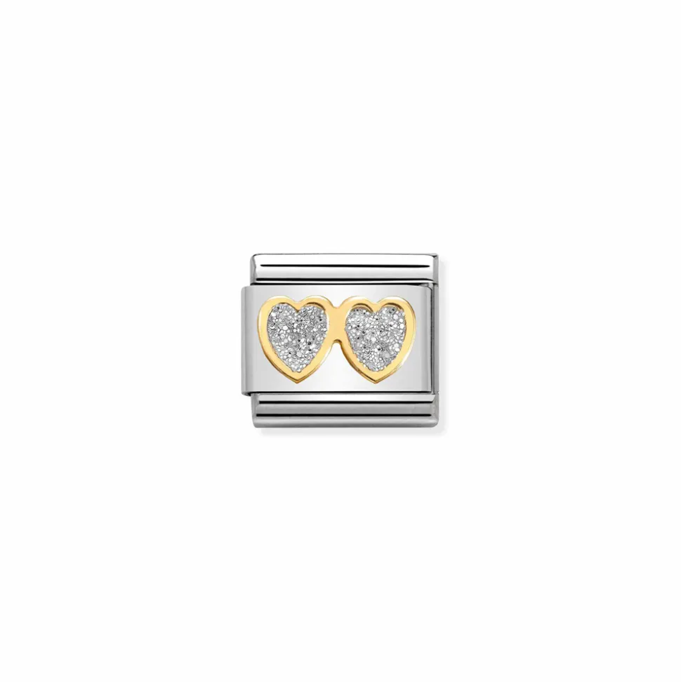 Nomination – Composable Classic GLITTER SYMBOLS in steel, enamel and 18k gold Double SILVER hearts