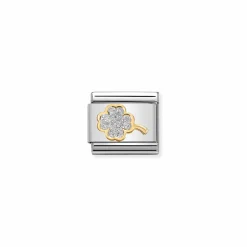 Nomination – Composable Classic GLITTER SYMBOLS in steel, enamel and 18k gold SILVER four-leaf clover