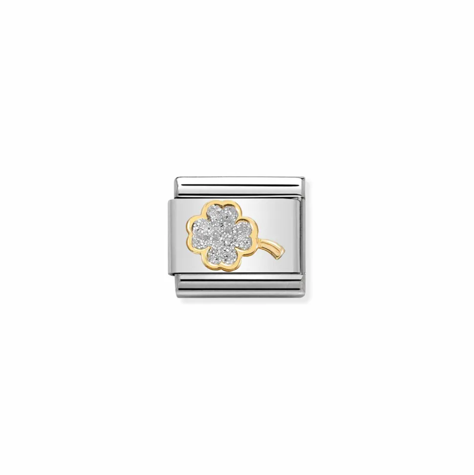 Nomination – Composable Classic GLITTER SYMBOLS in steel, enamel and 18k gold SILVER four-leaf clover