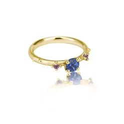 Noën – Shine ring i matt gult gull med blå og rosa safirer