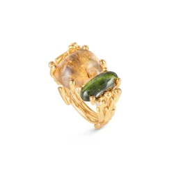 OLE LYNGGAARD COPENHAGEN – BoHo – Ring Dobbel – 18k gult gull med rutilkvarts, grønn turmalin og 0,04 ct diamanter