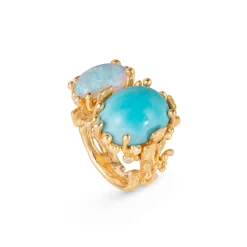 OLE LYNGGAARD COPENHAGEN – BoHo – Ring Dobbel – 18k gult gull med turkis, opal og 0,05 ct diamanter