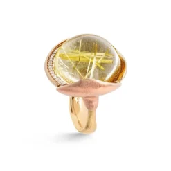 OLE LYNGGAARD COPENHAGEN – Lotus Ring nr 4 i gult gull med roségull, 26 diamanter og rutilkvarts