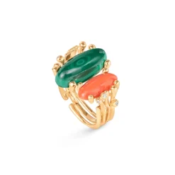 OLE LYNGGAARD COPENHAGEN – BoHo – Ring Dobbel – 18k gult gull med malakitt, korall og 0,04 ct diamanter