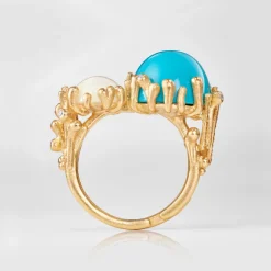 OLE LYNGGAARD COPENHAGEN – BoHo – Ring Dobbel – 18k gult gull med turkis, opal og 0,05 ct diamanter