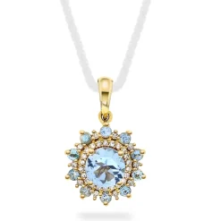 Pan Jewelry – Anheng i gult gull med aquamarin og diamanter