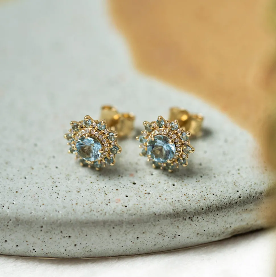 Pan Jewelry – Ørepynt i gult gull med aquamarin og diamanter