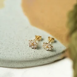 Pan Jewelry – Rosett ørepynt i gult gull med hvit zirkonia