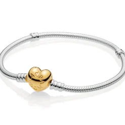 Pandora Moments Heart Clasp Snake Chain – sølvarmbånd med forgylt lås