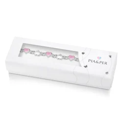 Pia&Per – Armbånd i sølv med hvit og lyserosa glassemalje, hjerter
