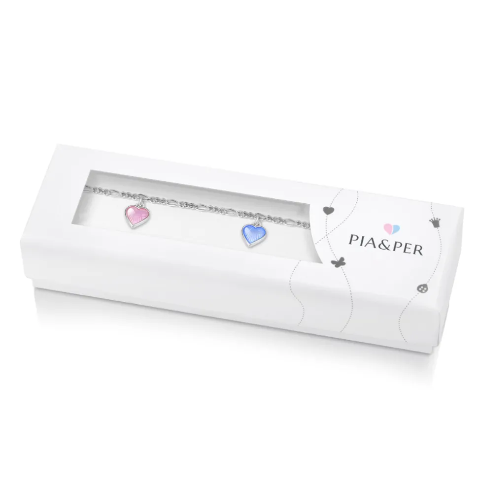 Pia&Per – Charms-armbånd i sølv med glassemalje, rosa, lyseblå og hvite hjerter