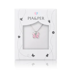 Pia&Per – Halssmykke i sølv med glassemalje, rosa sommerfugl