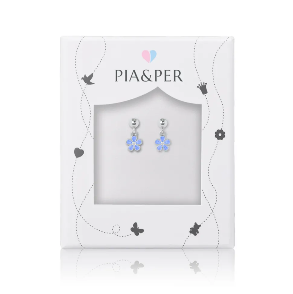 Pia&Per – SØLV – ØREHENG, BLOMST BLÅ EMALJE (mini)