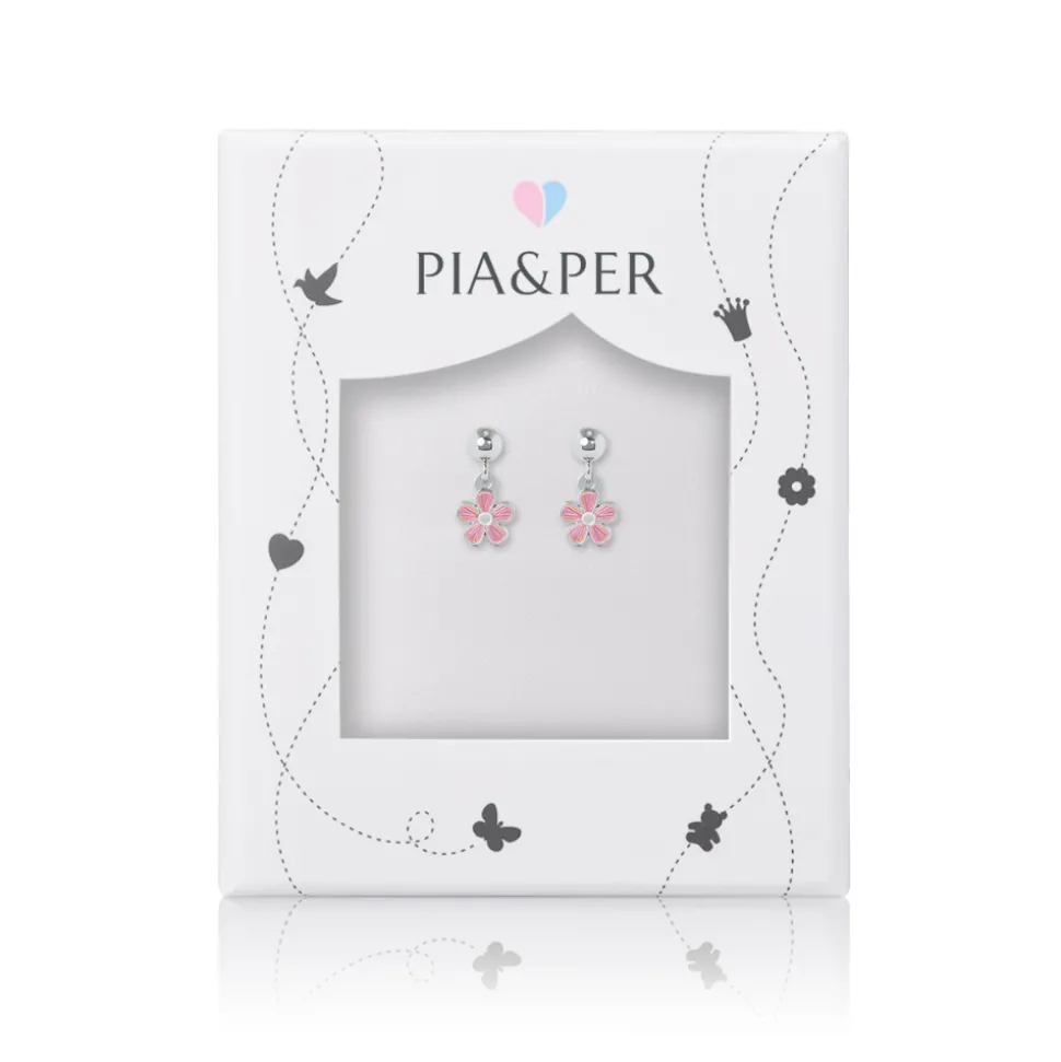 Pia&Per – SØLV – ØREHENG, BLOMST ROSA EMALJE (mini)