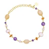 Susanne Friis Bjørner – Armbånd 16-20 cm, forgyldt sølv, viklet med ametyst, farvede ferskvandsperler, karneol, peach månesten, rosenkvarts