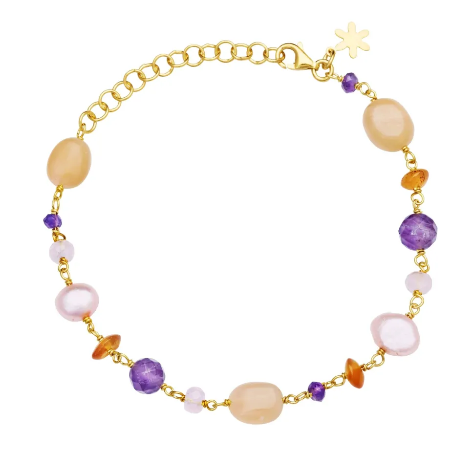 Susanne Friis Bjørner – Armbånd 16-20 cm, forgyldt sølv, viklet med ametyst, farvede ferskvandsperler, karneol, peach månesten, rosenkvarts