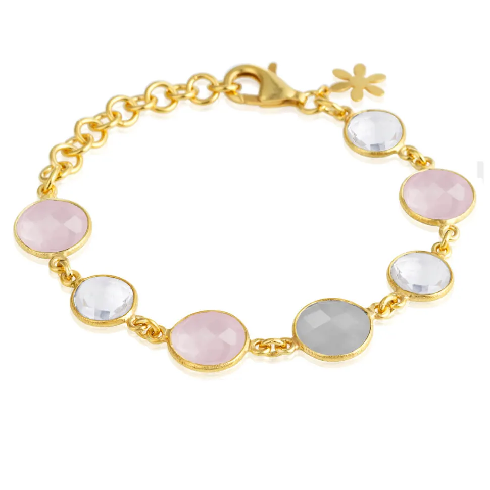 Susanne Friis Bjørner – Armbånd 16-20 cm, forgyldt sølv, 10 og 12 mm facet grå agat, lyserød krystal, bjergkrystal