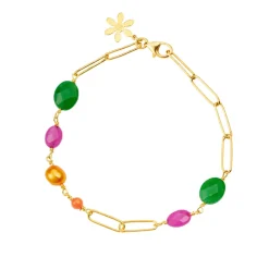 Susanne Friis Bjørner – Armbånd med oransje ferskvannsperle, oransje serpentin, rosa serpentin og grønn agat – Forgylt sølv
