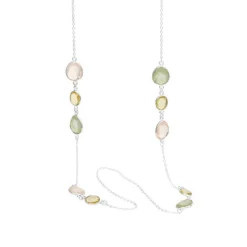 Susanne Friis Bjørner – Langt sølvkjede med rose quartz, lemon quartz og phrenite