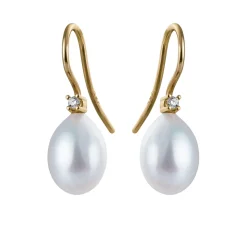 Susanne Friis Bjørner – Ørering (fast bøjle), 14 karat rødguld, brillant TW SI2 0,02×2, hvid ferskvandsperle oval 9-9½ (3400b2-5-9095)