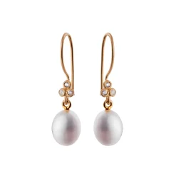 Susanne Friis Bjørner – Ørering (bøjle), 14 karat rødguld, brillant Cr SI2 0,02×6, hvid ferskvandsperle oval 9-9½
