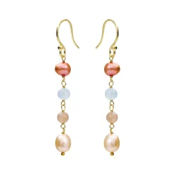 Susanne Friis Bjørner – Ørering (bøjle), forgyldt sølv, akvamarin, peach månesten, farvede ferskvandsperler cirka 5 cm