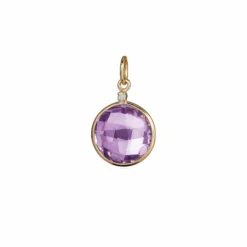 Susanne Friis Bjørner-gult gull-anheng med diamant og amethyst med forgyldt sølvkjede 42 cm