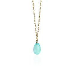 Susanne Friis Bjørner-gult gull-anheng med diamant og blå topas med forgyldt sølvkjede 42 cm