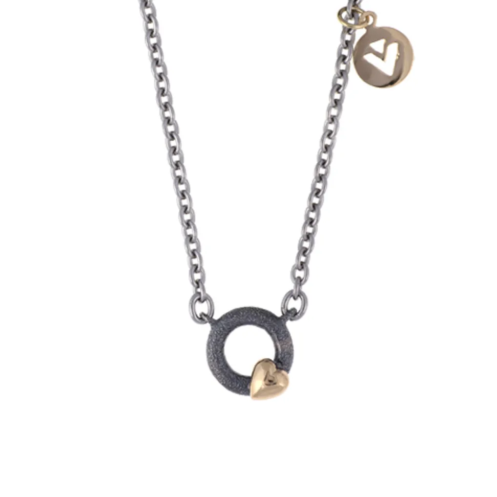Van Bergen- Silver Heart-Stål kjede med anheng i oksydert sølv og hjerte i gult gull